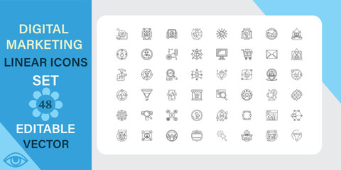 Digital marketing linear icons set. Business, strategy, advertising and more. Outline vector icon in linear style. Editable stroke. Vector illustration.