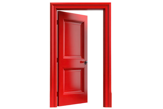 Vibrant red door stands open inviting exploration in a minimalist setting with a bright, neutral background and ample light illuminating the scene