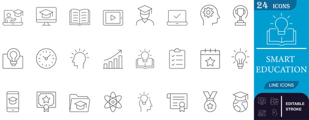 Minimal line icons representing modern education, online learning, achievement, and knowledge. Perfect for apps, infographics, websites, and digital classrooms.