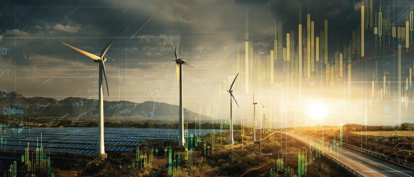 Futuristic energy grid illustration with wind turbines, farmland at dusk, green crops.