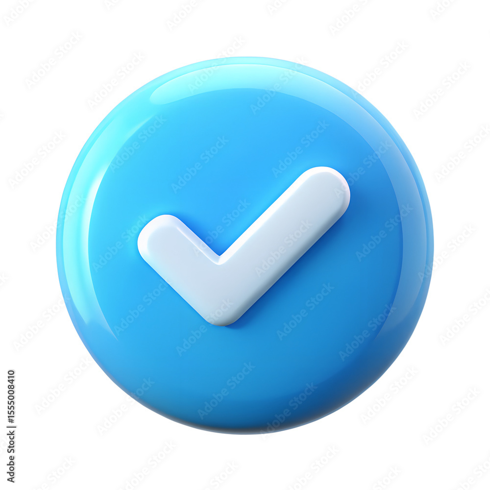 Poster glossy blue circle with white checkmark isolated on transparent background isolated on white backgro