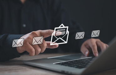User tapping on a virtual invoice icon displayed above a laptop, representing online billing, digital payment systems, financial document management, and modern e-invoice access process.