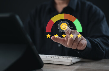 User interacting with digital customer satisfaction gauge and five-star rating system, highlighting...