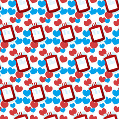 Seamless pattern of blood bag for donation and hearts on white background