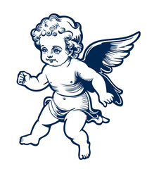 Vintage Cupid or little angel. Monochrome engraving. Vector isolated illustration
