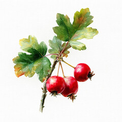 A lone watercolor brilliant hawthorn with red berries