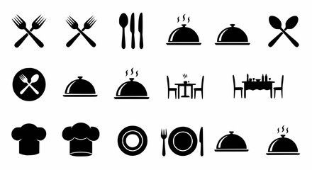 restaurant icon set | Black silhouettes of various dining and kitchen icons including cutlery, covered dishes, and chef hats.