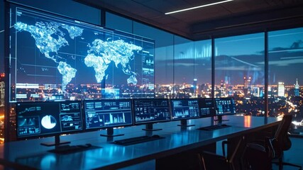 Global Network Monitoring Center with World Map and Cityscape Visualization - Powered by Adobe