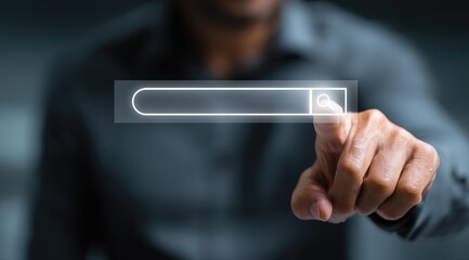 Man typing on computer, touching search bar, white bg, minimalist, search icon on glass, blurred office, focused search