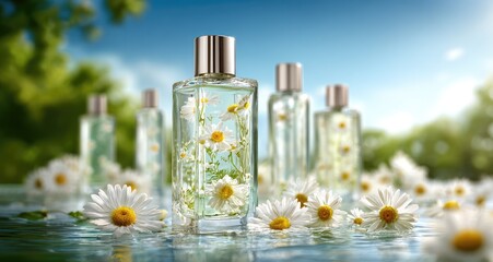 High-end skincare glass bottles with water, white daisies in foreground, blue sky and green trees background, elegant luxury.