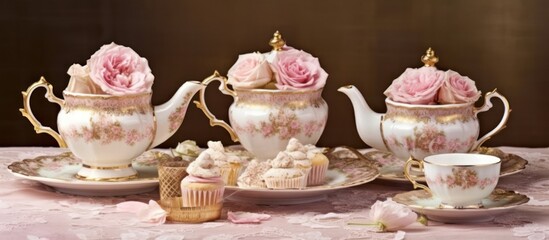 Elegant Vintage Tea Party Arrangement with Cupcakes and Roses, Feminine Tea Setting with Pink and Gold Accents