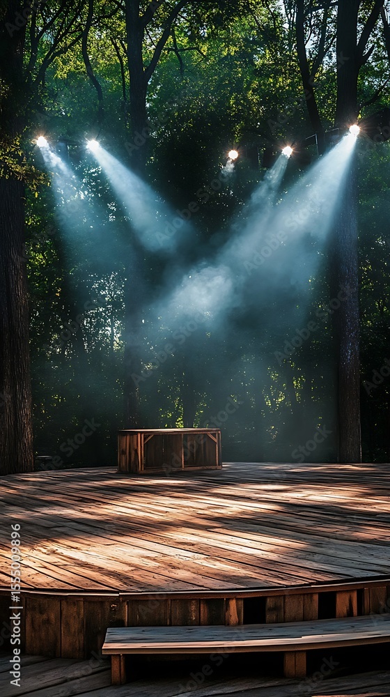 Poster 3d render of stage illuminated with spotlights. night scene.