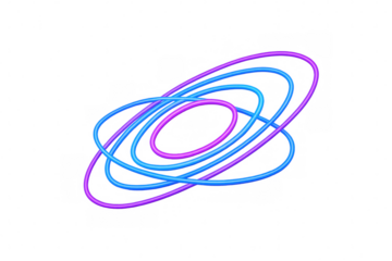 Luminescent neon ellipses interweaving in electric blue and purple, forming abstract geometric pattern against transparent backdrop with contemporary digital aesthetic