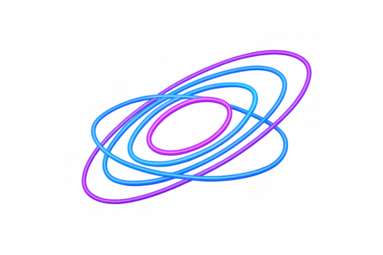 Luminescent neon ellipses interweaving in electric blue and purple, forming abstract geometric pattern against transparent backdrop with contemporary digital aesthetic