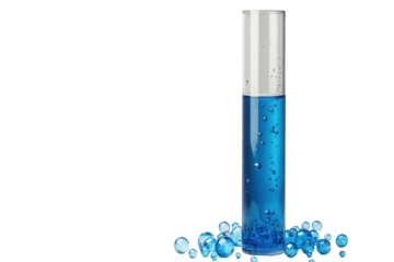 Test tube with vibrant blue liquid surrounded by colorful beads displaying scientific experimentation setup in a laboratory environment