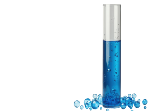 Test tube with vibrant blue liquid surrounded by colorful beads displaying scientific experimentation setup in a laboratory environment - Powered by Adobe