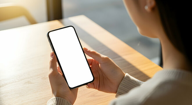 Woman using smartphone blank screen mockup modern technology mobile app design cafe
