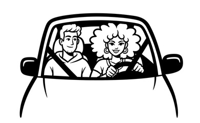woman and man traveling in a car cartoon sketch