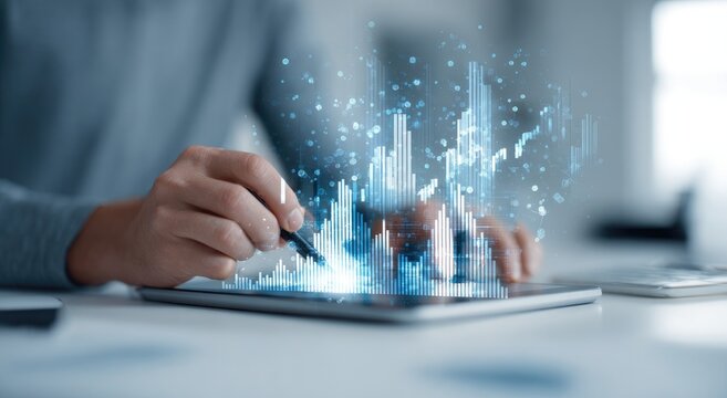 Person drawing financial graphs on iPad with blue data in modern office.