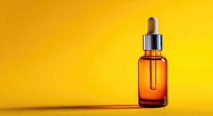 Amber glass dropper bottle with chrome cap on vibrant yellow background