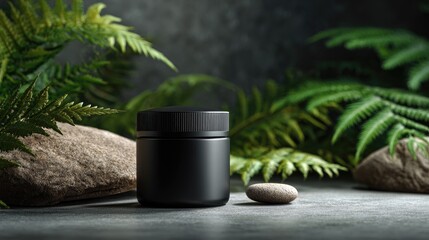 Black cosmetic jar mockup with rocks and green plant on white background, copy space for banner design.