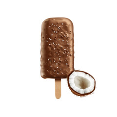 Obraz premium Delicious Chocolate Coconut Ice Cream Bar with Flakes