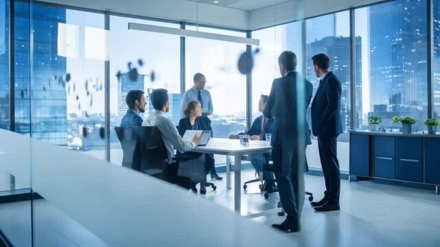 Dynamic corporate meeting in modern boardroom with city skyline view atmosphere - Powered by Adobe