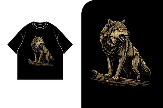 Graphic design of a wolf on a t-shirt mockup, showcasing a detailed illustration of a seated wolf against a dark background.