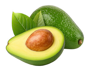 Fresh ripe avocado with seed and vibrant green leaves on white background. 🥑💚Ideal for health food blogs, organic branding, vegan recipes, or clean eating lifestyle visuals.
