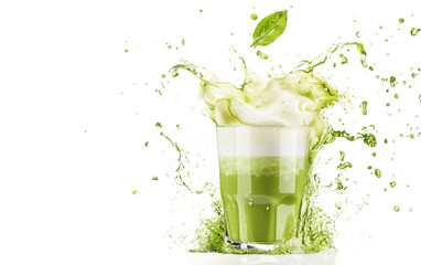 Refreshing and richly blended matcha latte in a clear glass showcasing its vivid green color and frothy finish isolated on transparent background PNG