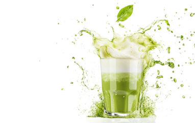 Refreshing and richly blended matcha latte in a clear glass showcasing its vivid green color and frothy finish isolated on transparent background PNG