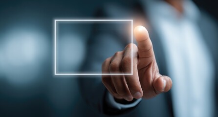 Businessman touching virtual screen with empty form icon on transparent glass interface,  finger pointing to blank page in air