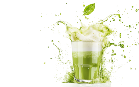 Refreshing and richly blended matcha latte in a clear glass showcasing its vivid green color and frothy finish isolated on transparent background PNG