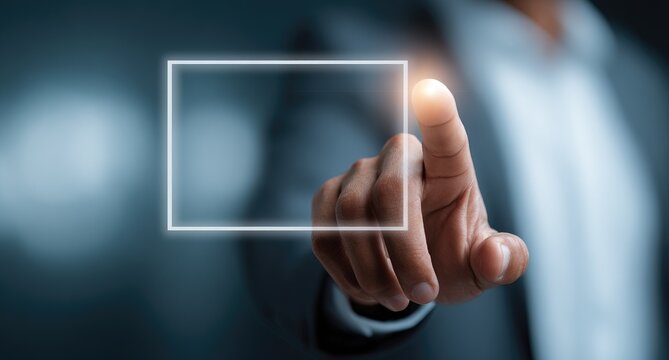 Businessman touching virtual screen with empty form icon on transparent glass interface, finger pointing to blank page in air