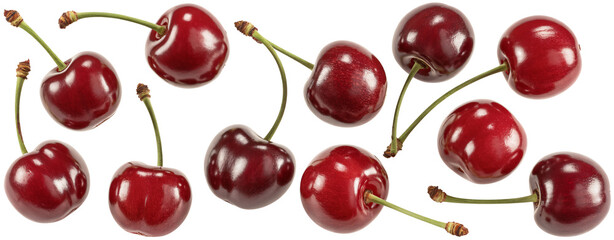 Scattered ripe red cherries with green stems and leaves against a transparent background offer a fresh and vibrant summer fruit display.