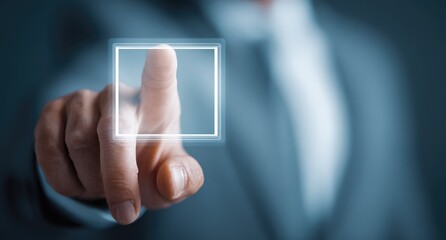 Businessman touching virtual screen with empty form icon on transparent glass interface,  finger pointing to blank page in air