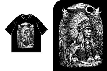 Black t-shirt design features an illustration of a Native American chief with wolves and a moon.