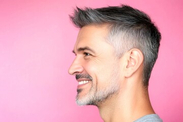 Obraz premium Modish men's spiky hair haircut - midlife indian man with short hair. Pink solid background. A relaxed and poised man showing grace. Idea art of style for aging men.