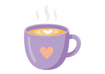 Purple coffee mug with heart design and steam for cozy beverage enjoyment
