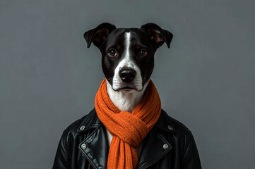 A medium shot portrait of a dog with black and white markings dressed in a black leather jacket and a textured orange scarf The dog looks directly at the camera