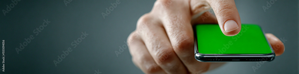 Poster a finger touching a smartphone with a green screen for chroma key compositing