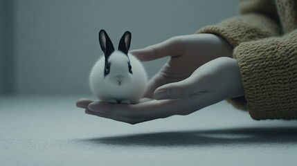 A small rabbit rests gently in cupped hands.