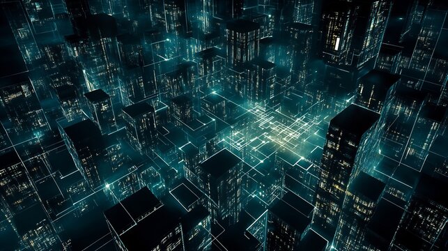 Abstract futuristic cityscape grid with glowing blue digital network lines