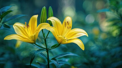 Two vibrant yellow lilies, illuminated by soft sunlight, are the focal point against a backdrop of blurred green foliage in a serene natural setting.