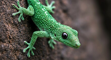 Fototapeta premium Green Gecko on Bark: A vibrant green gecko clings to a textured tree bark, its large eyes gleaming. Its scales shimmer in the light, showcasing intricate details.