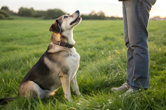 Patient dog sits attentively in a lush green field beside its owner&rsquo;s legs during obedience training, highlighting trust and companionship