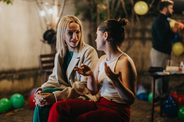 Two women are engaging in a conversation during an outdoor birthday celebration in a backyard...
