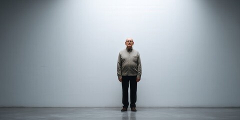 Elderly Man Standing Alone in Minimalist Space with Soft Lighting