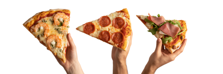 Delicious pizza slices with pepperoni, shrimp, and prosciutto are held against a transparent background, perfect for food promotions.