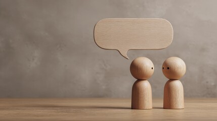 Two wooden figures engage in conversation, represented by a blank speech bubble, symbolizing communication and dialogue. The scene is minimalist, promoting contemplation of.